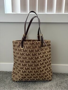 Michael Kors Tan and Brown MK Monogram Tote